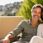 Couple de 50 ans souriante bénéficiant d'implants dentaires all on 4 et all on six
