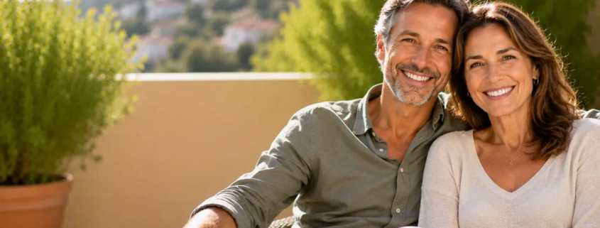 Couple de 50 ans souriante bénéficiant d'implants dentaires all on 4 et all on six