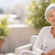 femme de 60 ans souriante bénéficiant d'implants dentaires avant la prise de bisphosphonates