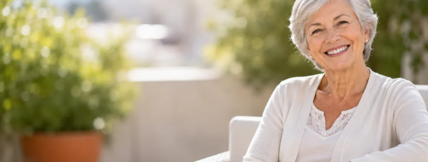 femme de 60 ans souriante bénéficiant d'implants dentaires avant la prise de bisphosphonates