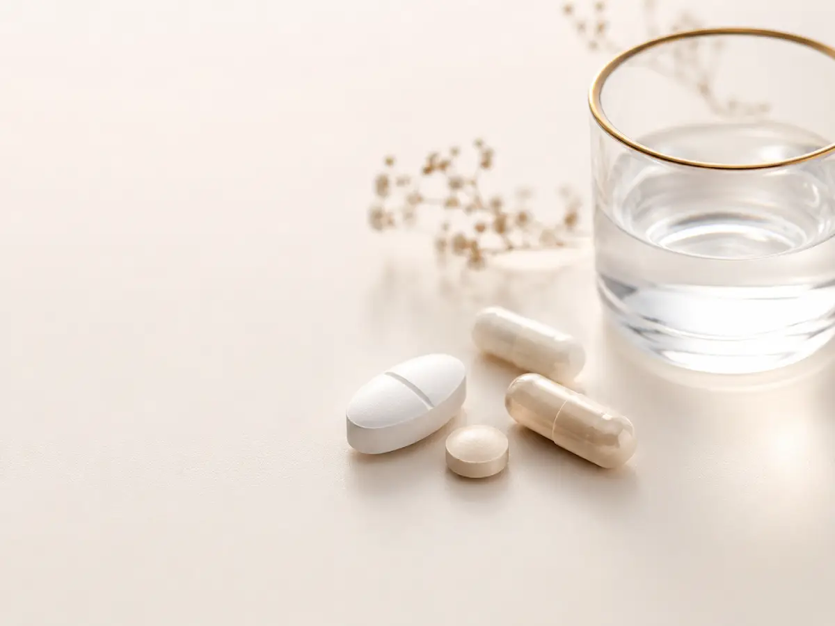 Prémédication avant intervention avec comprimés, gélules et verre d’eau au cabinet 47VH